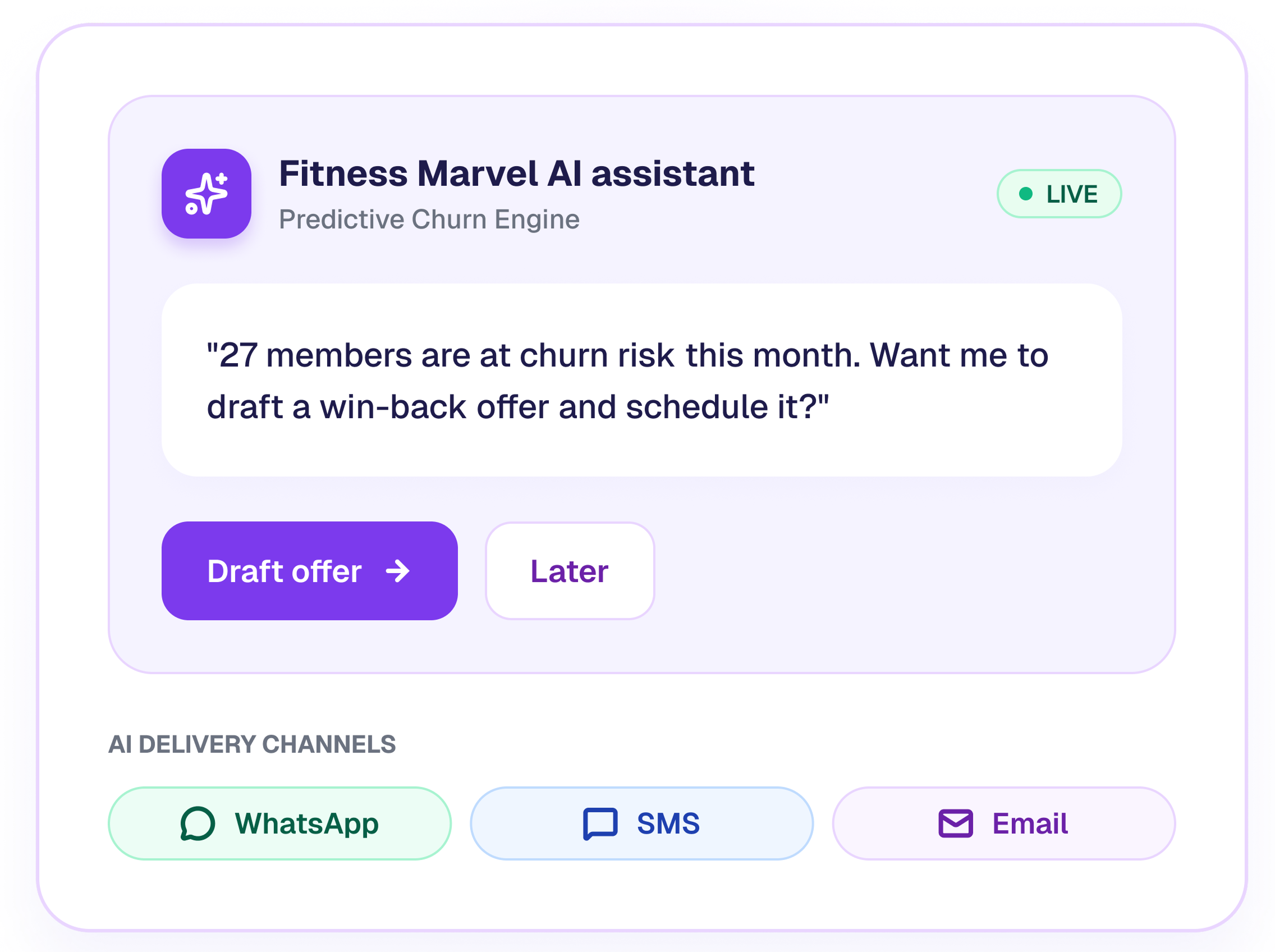 Fitness Marvel AI communication card for SMS and WhatsApp messaging