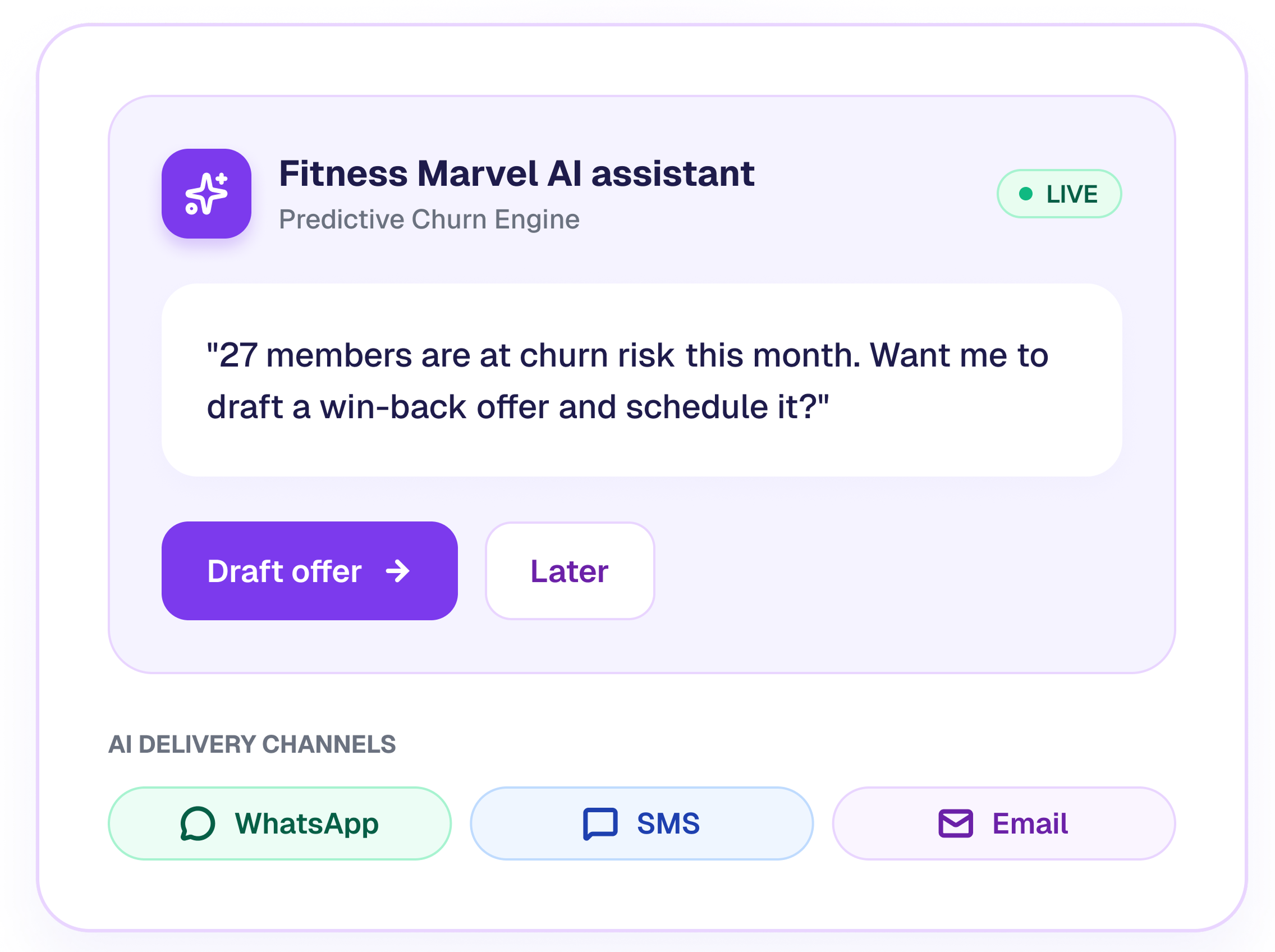Fitness Marvel AI communication card for SMS and WhatsApp messaging
