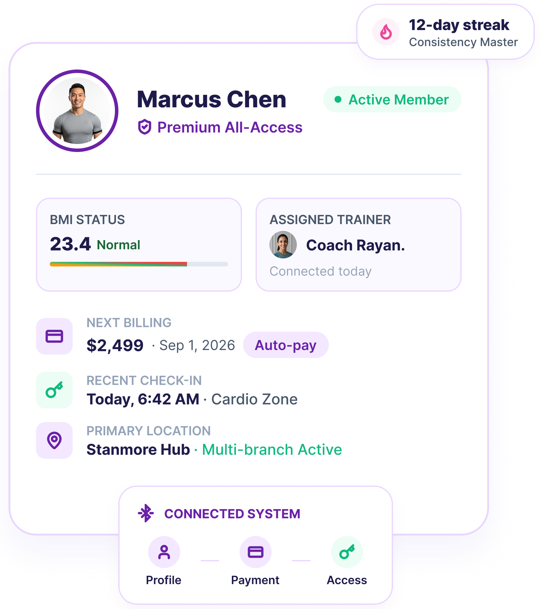 Fitness Marvel member profile with membership, billing, trainer, check-in, and branch details