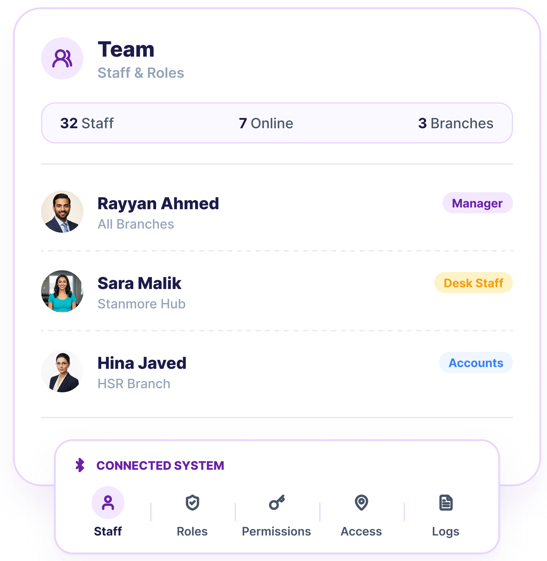 Fitness Marvel team, staff roles, and permission management card